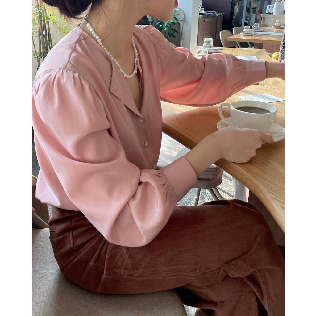 Áo Sơ Mi Tay Phồng Màu Hồng Phong Cách Hàn Quốc Xinh Xắn Cho Nữ