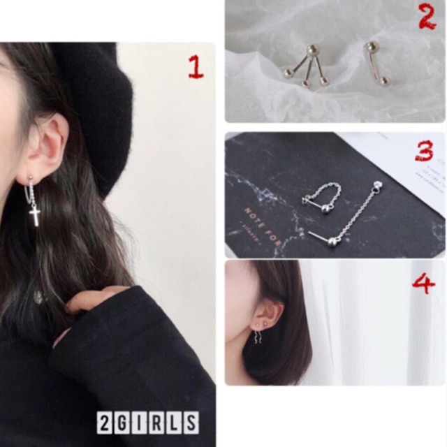 Bông tai khuyên tai bạc 30% bi dây , thánh giá kiểu lạ trendy