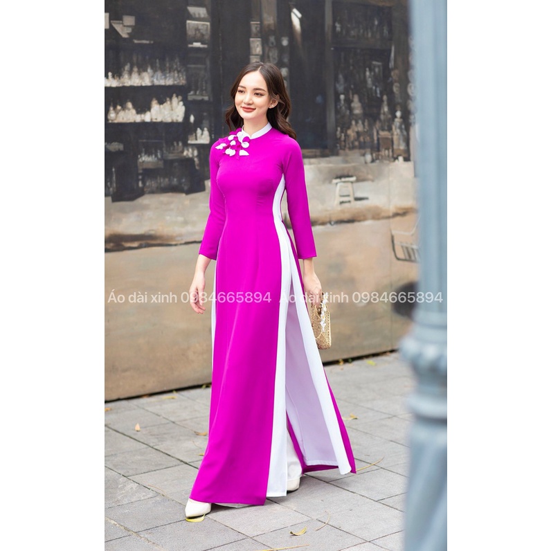 Áo dài màu tím may cách điệu đính hoa nổi trên ngực - Áo Dài Đan Linh