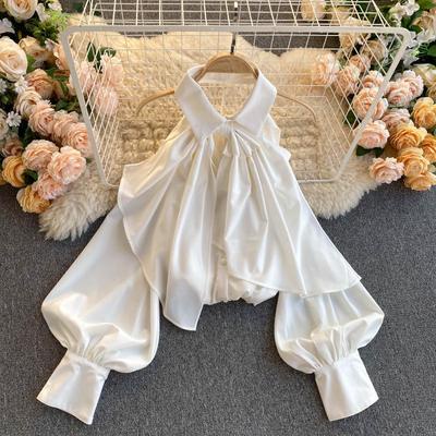 Áo sơ mi hở vai cổ nơ dài tay ulzzang   230222