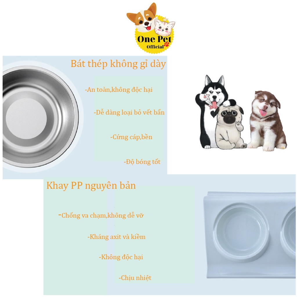 Bát ăn đôi cho Chó Mèo, tặng kèm 2 bát inox cao cấp, thiết kế nghiêng chống gù - One Pet Shop