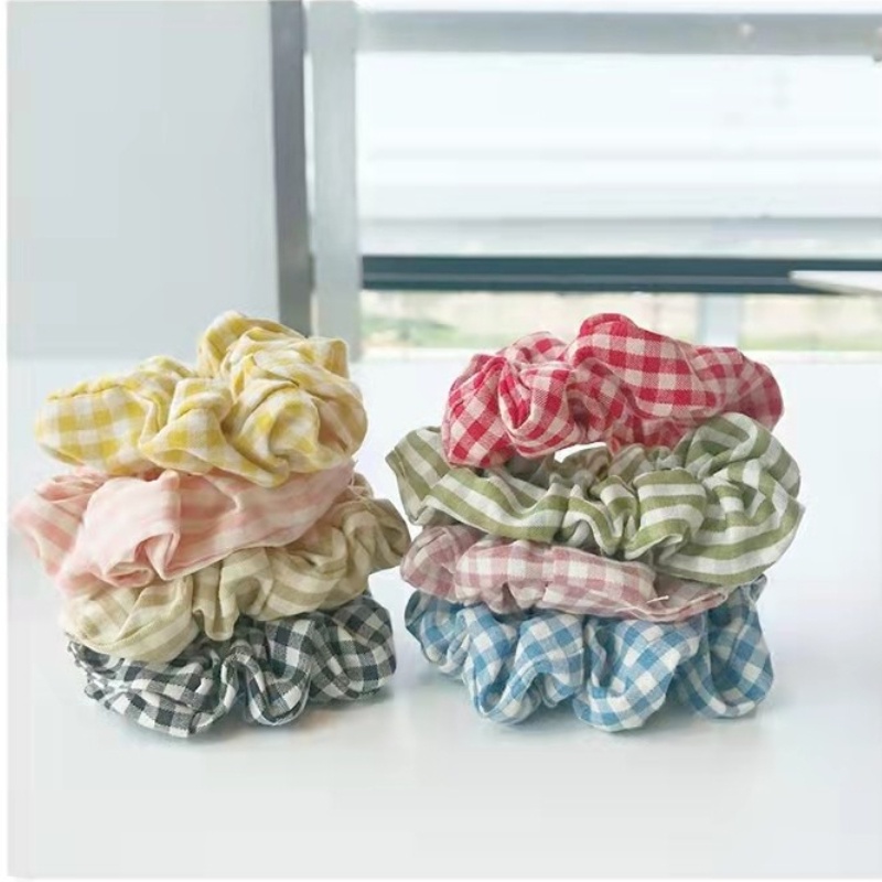 Dây Buộc Tóc Vải Satin Họa Tiết Ca Rô Thời Trang Retro Hàn Quốc