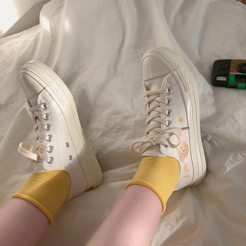 [ SẴN ] Giày Cao Cổ họa Tiết Hình Gấu Dễ Thương/ Sneaker Vải Trắng Basic Đơn Giản Đáng Yêu Kiểu Dáng Học Sinh G00013 | BigBuy360 - bigbuy360.vn