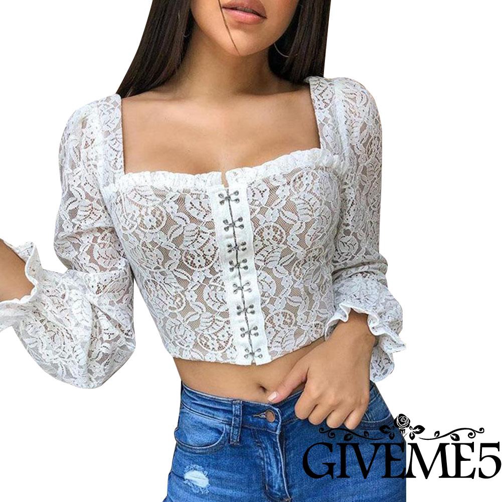 Áo Croptop Cổ Chữ U Phối Ren Màu Trơn Quyến Rũ Cho Nữ