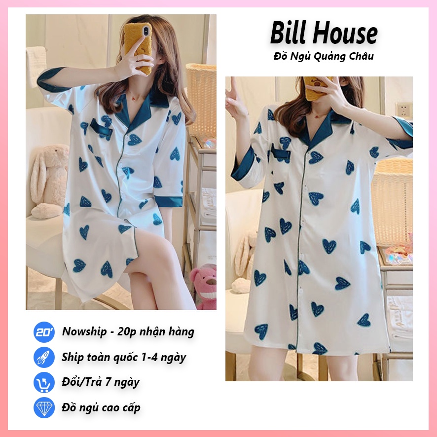 Váy ngủ lụa sơ mi cao cấp đầm ngủ nữ dễ thương bigsize tay lỡ dài qua gối chất mềm mịn mùa hè VN04