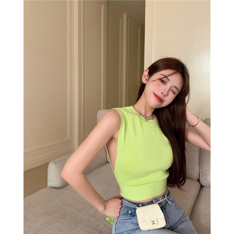 QADCOL Áo Croptop Sát Nách Lưng Cao Thiết Kế Cột Dây Sau Lưng Cá Tính