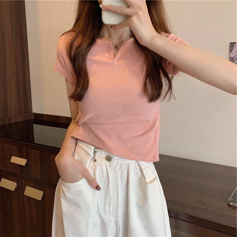 Áo thun SUXI tay ngắn cổ chữ V màu sắc đơn giản thời trang mùa hè cho nữ