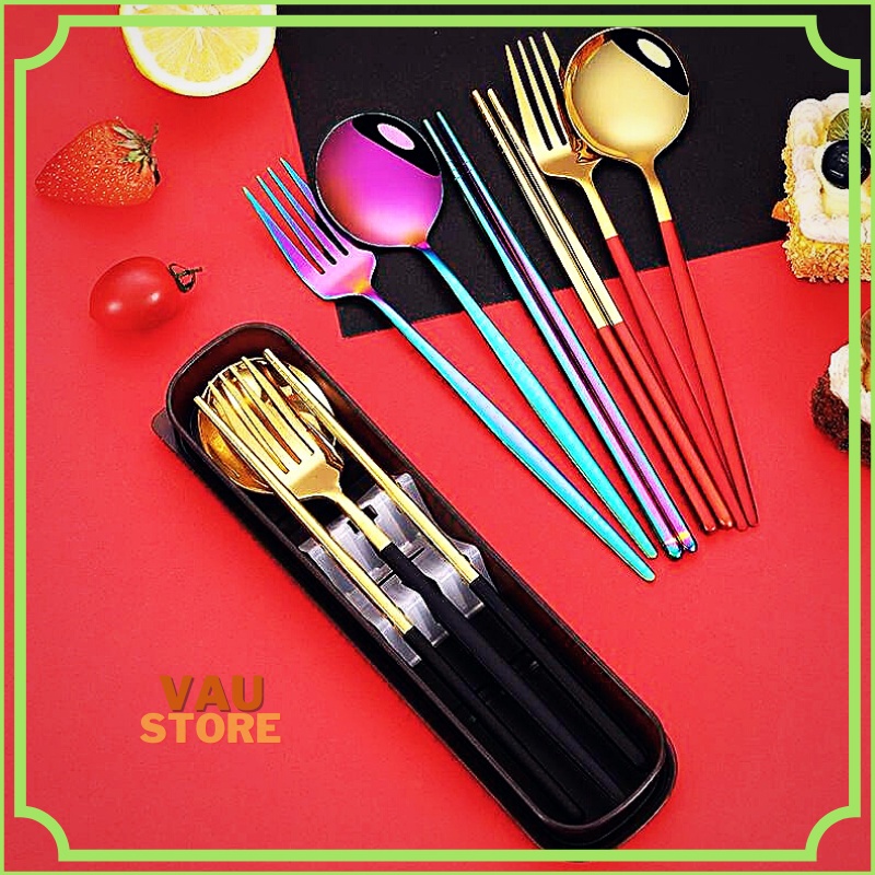 Bộ đũa thìa dĩa inox 304 cao cấp phong cách châu âu bộ dụng cụ ăn cơm văn phòng picnic cá nhân VAUSTORES