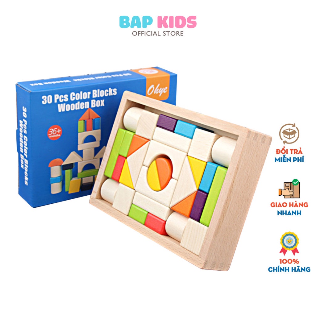 Đồ chơi thông minh BAPKIDS, Bộ xếp hình 30 khối gỗ phát triển tư duy cho bé