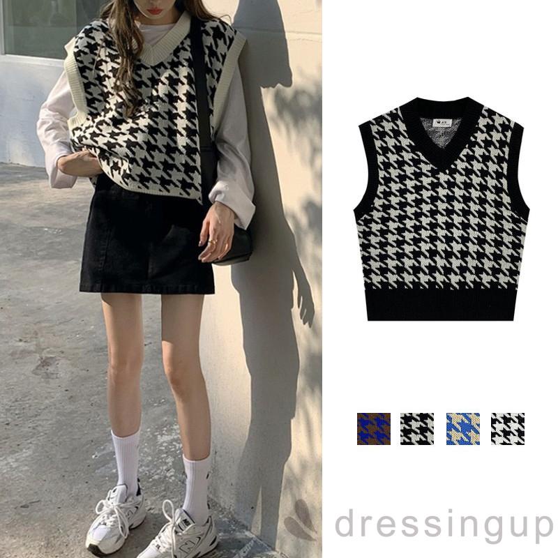Đầm Dệt Kim Dáng Rộng Cổ Chữ V In Họa Tiết Houndstooth Thời Trang Cho Nữ