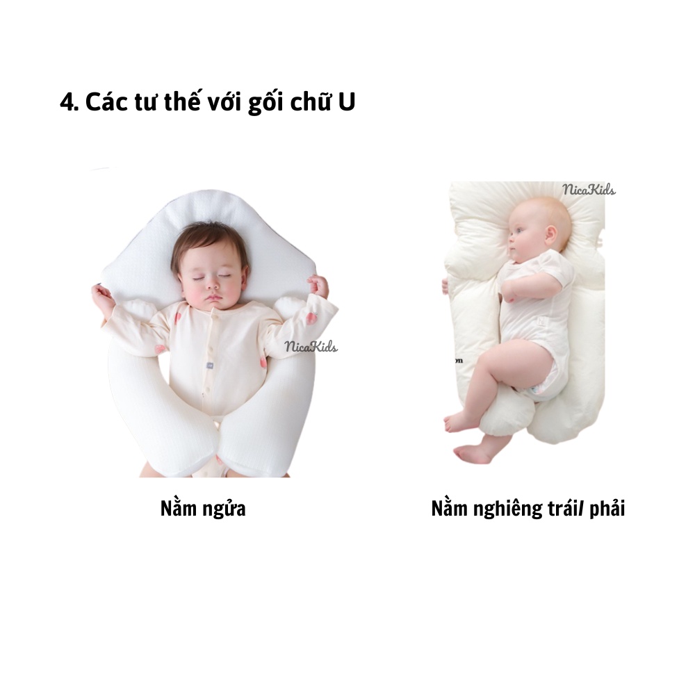 Gối chặn chữ U cho bé sơ sinh đa năng, chống bẹp đầu dùng được 4 mùa cho bé giấc ngủ ngon NicaKids