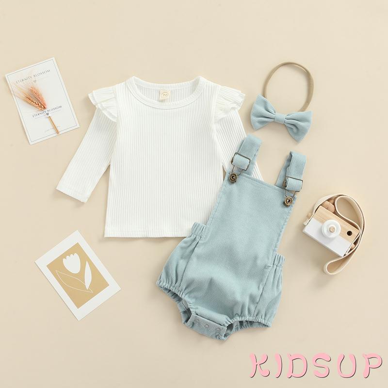 Set đồ 3 món với áo tay dài cổ tròn+quần yếm màu trơn+băng đô cho bé gái