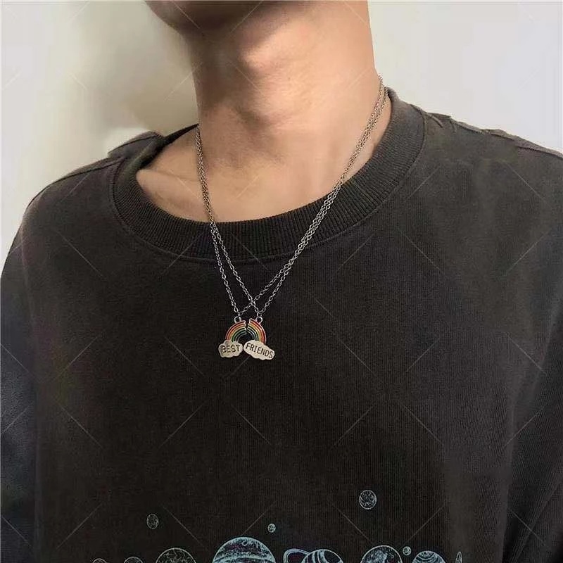 1 cặp Vòng cổ tình bạn hình trái tim vỡ màu cầu vồng