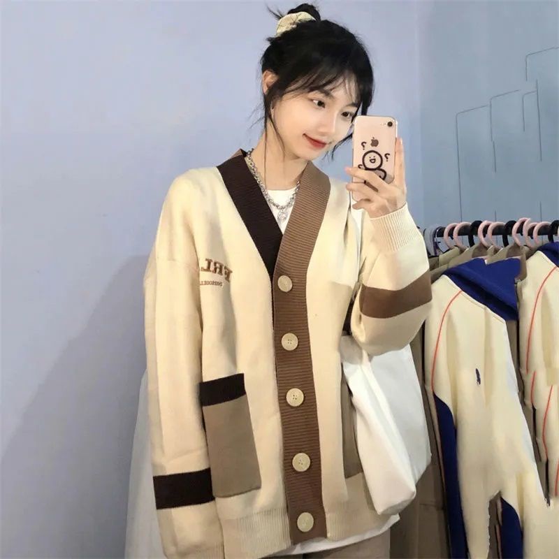 Áo Khoác Cardigan Dệt Kim Dáng Rộng Thêu Chữ Phối Màu Tương Phản Cá Tính Thời Trang