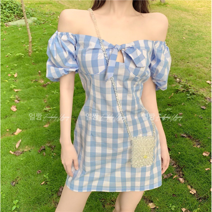 Đầm nữ sơ mi caro midi dáng ôm tay ngắn Emilyshop