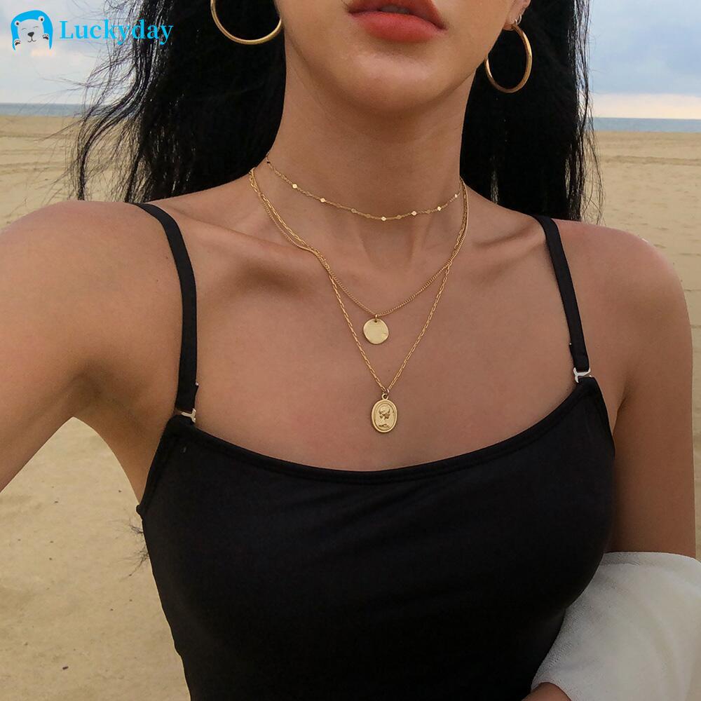 vòng cổ Mạ Vàng Nhiều Lớp Phong Cách Retro Hàn Quốc