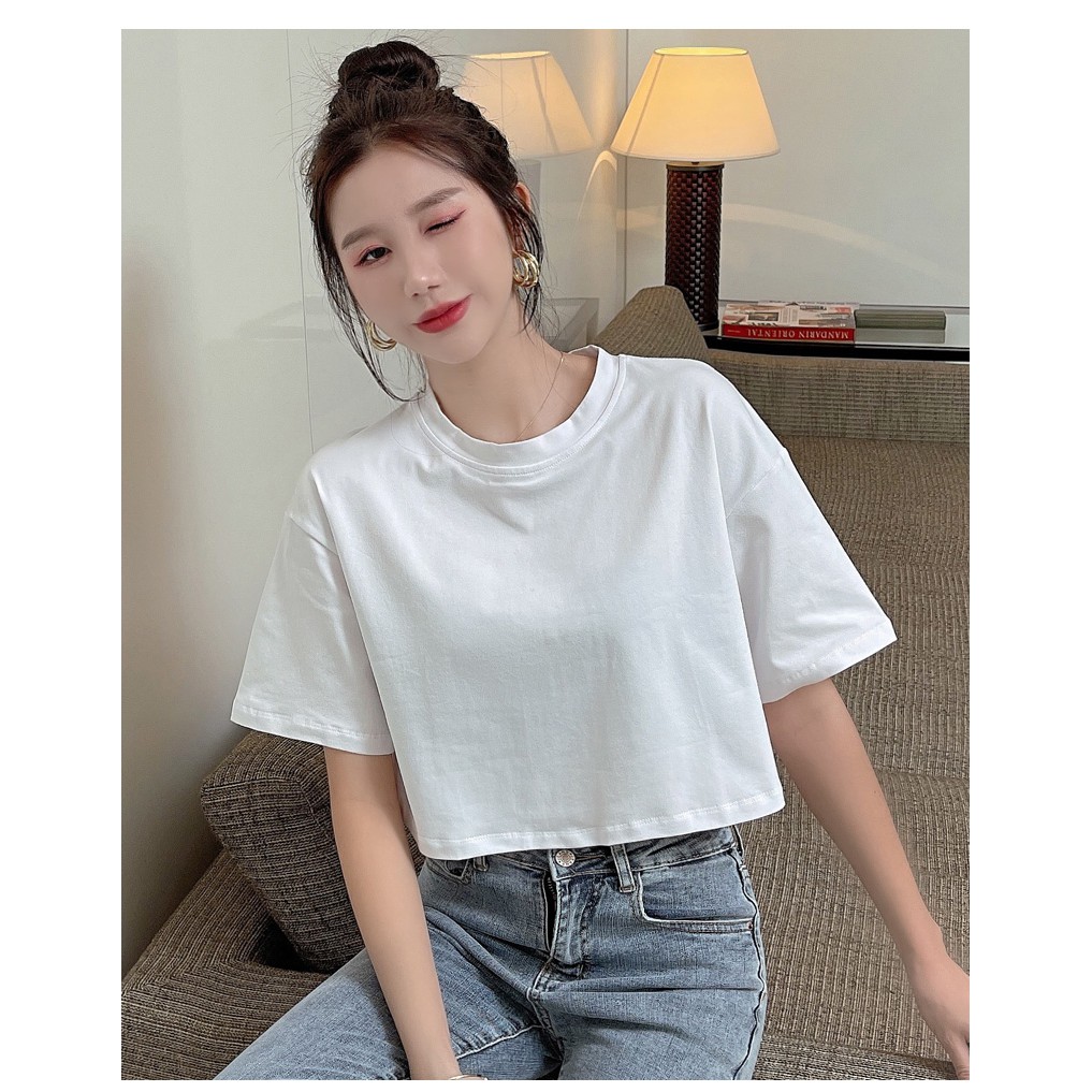 Áo croptop nữ cổ tròn, tay ngắn trơn, form rộng unisex từ 40-65kg mặc đẹp