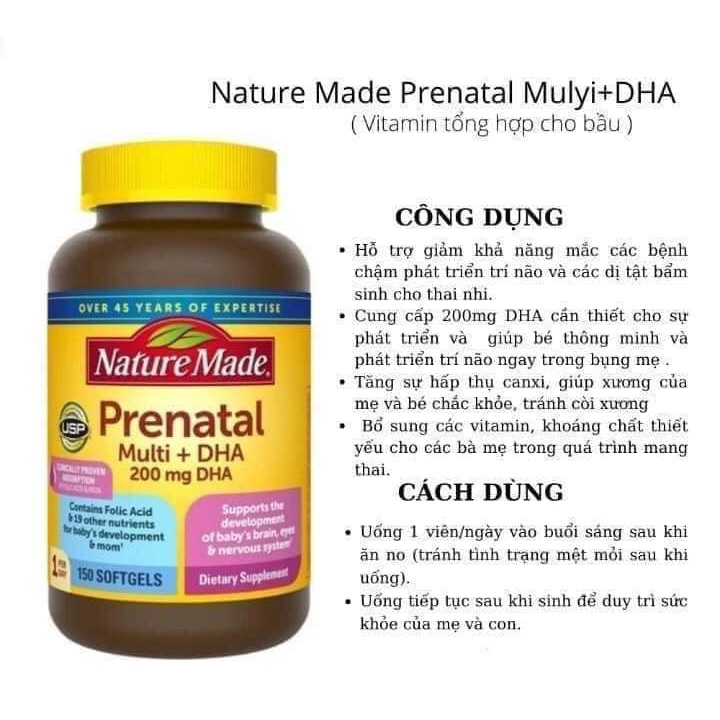 Vitamin tổng hợp cho bà bầu Prenatal + DHA 200mg Nature Made Mỹ 200mg 150 viên date 2024