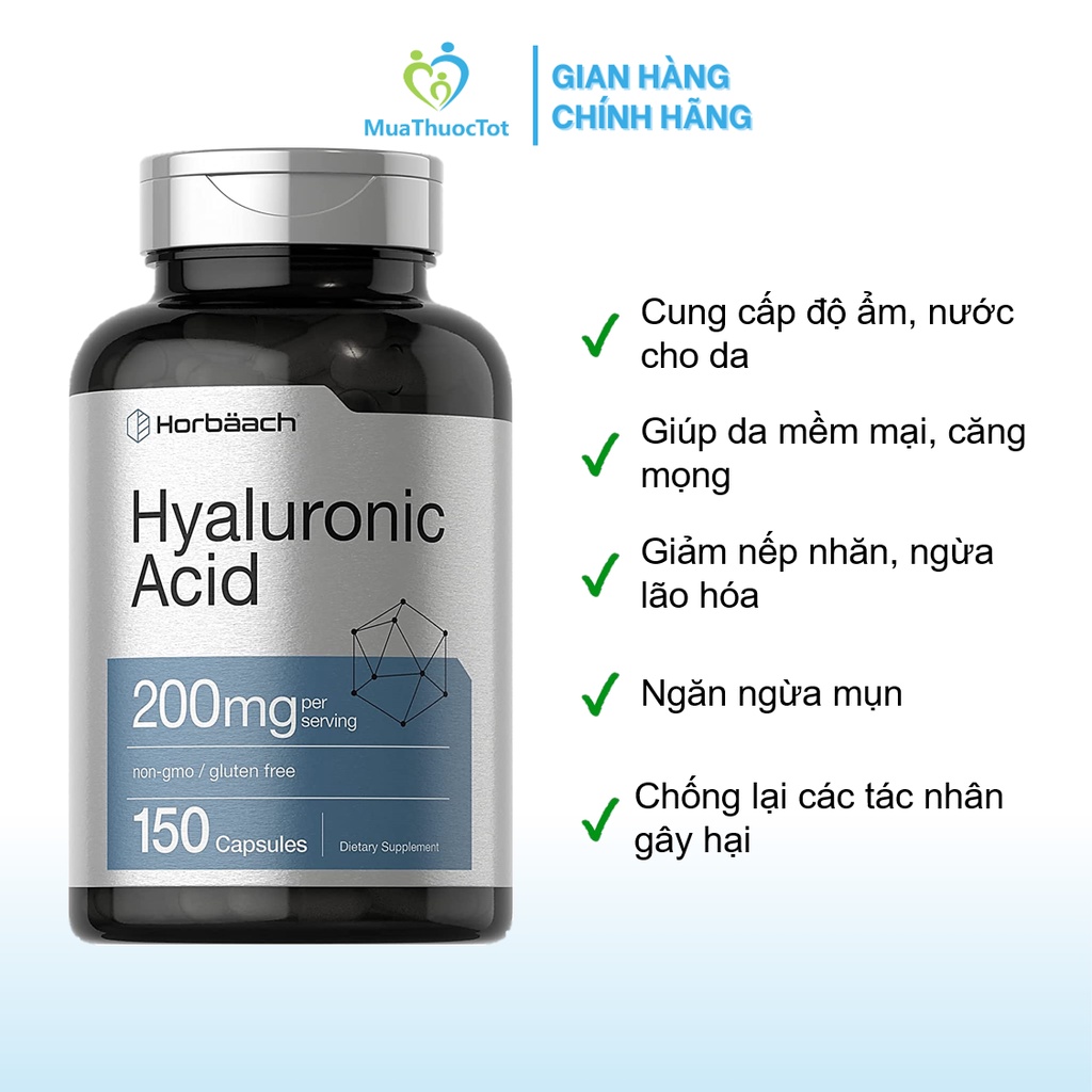 Horbaach Hyaluronic Acid 200mg - Viên uống hỗ trợ dưỡng ẩm cho khớp và da 150 viên