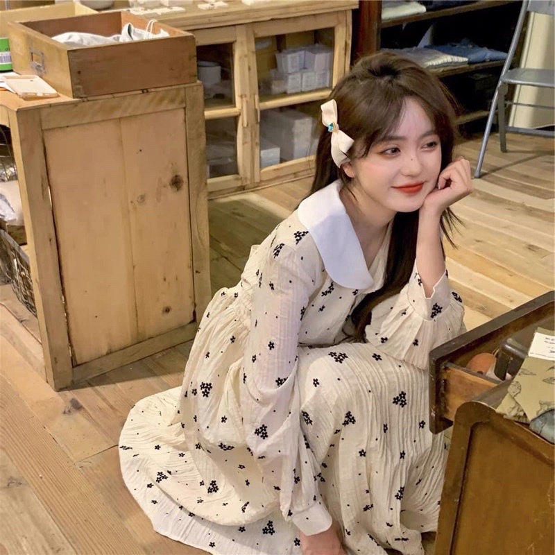Đầm - Váy babydoll phối cổ hoạ tiết hoa nhí