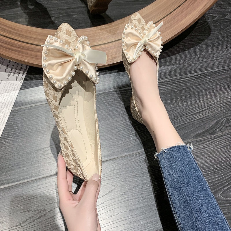 Giày Búp Bê Mũi Nhọn Đế Bằng Đính Nơ Thời Trang Xuân Hè Mới Cho Nữ