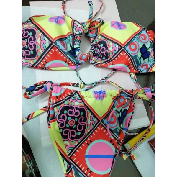 Bikini Kendall 2 Mảnh Quay Ngực Thổ Cẩm Sexy Quần Cạp Cao Nâu Tây