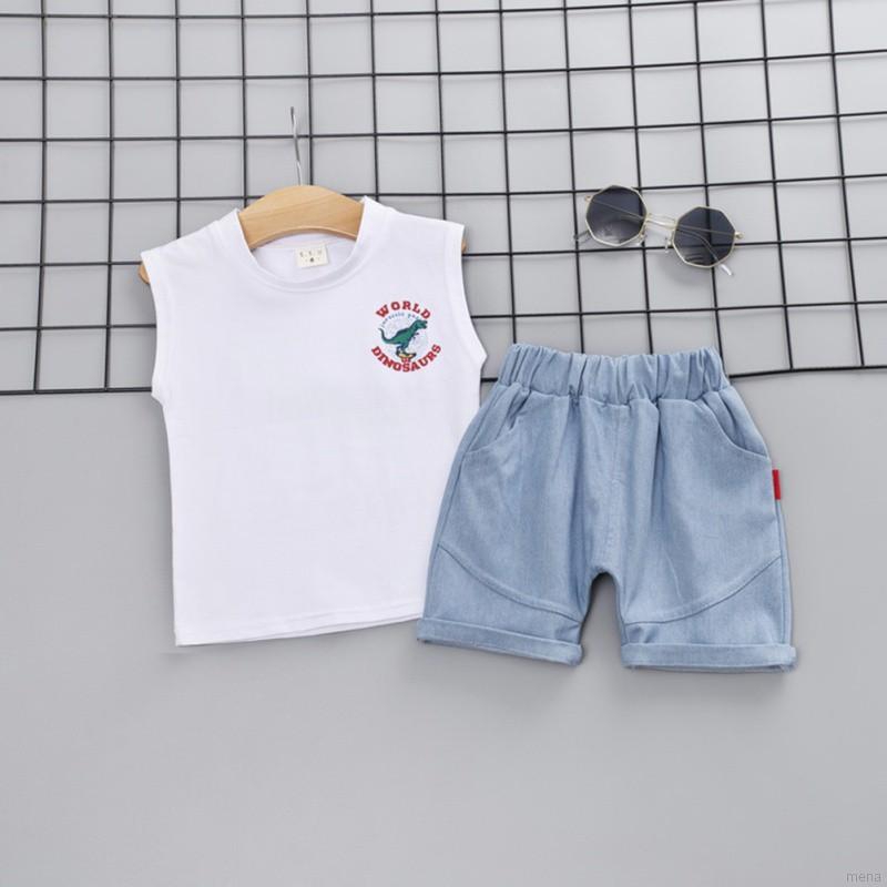Set áo thun ba lỗ in hình khủng long + quần short jeans đáng yêu cho bé trai