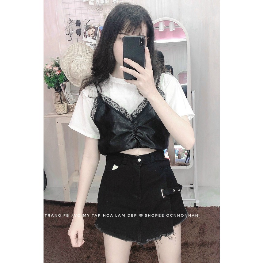 Sét áo phi bóng viền ren nhúm ngực kèm áo tay ngắn croptop cực xinh ut
