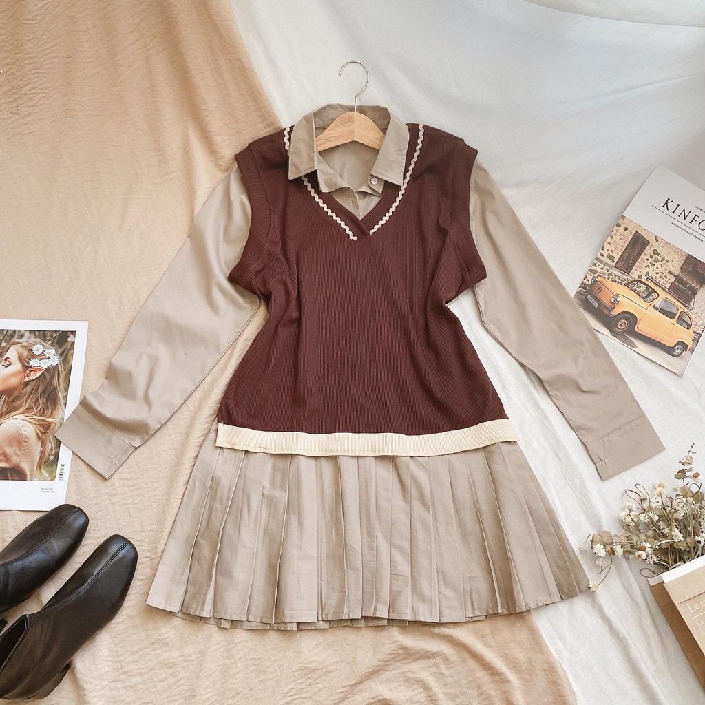 SET ĐẦM SƠMI NUDE PHỐI CHÂN XẾP LI + ÁO GILE NÂU VIỀN | BigBuy360 - bigbuy360.vn