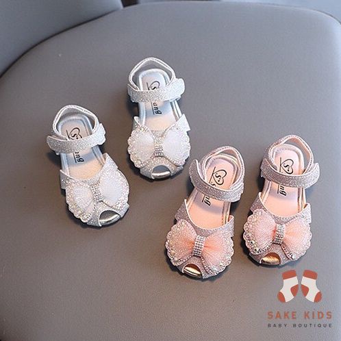 Giày tập đi cho bé gái - Sandal rọ Nơ đáng yêu có sequin cực điệu đế cao su mềm chống trơn trượt  A107