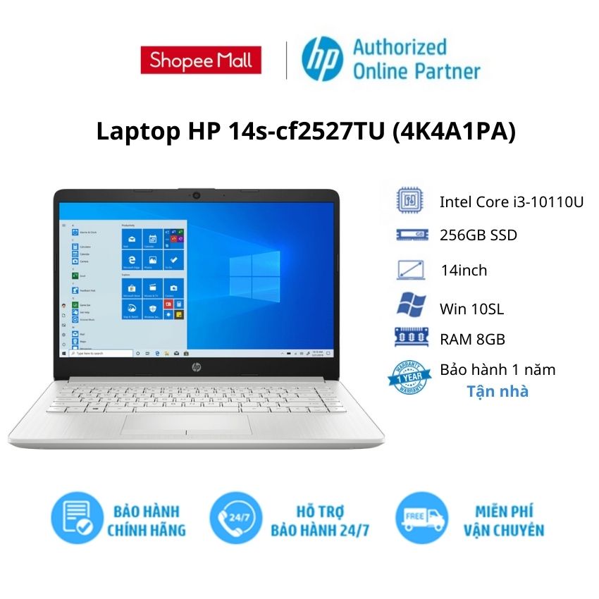 [ELGAME20 giảm 10% tối đa 2TR] Laptop HP 14s-cf2527TU (4K4A1PA)/ Bạc/ Intel Core i3-10110U/ RAM 4GB/ 256GB SSD/ 14inch