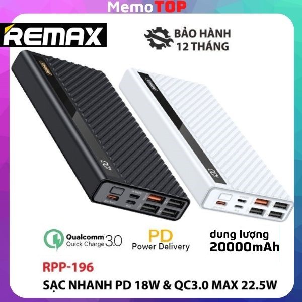 Sạc dự phòng 20000mah pin sạc nhanh PD 18w chính hãng REMAX RPP-196 cao cấp