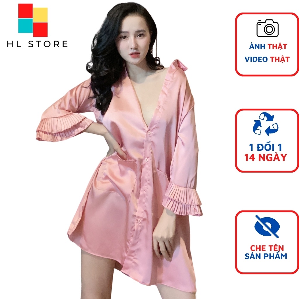 Đồ ngủ sexy đầm ngủ sơ mi gợi cảm, tay phối dập ly Hải Lan Store, chất liệu lụa satin, freesize 40-65kg tùy chiều cao