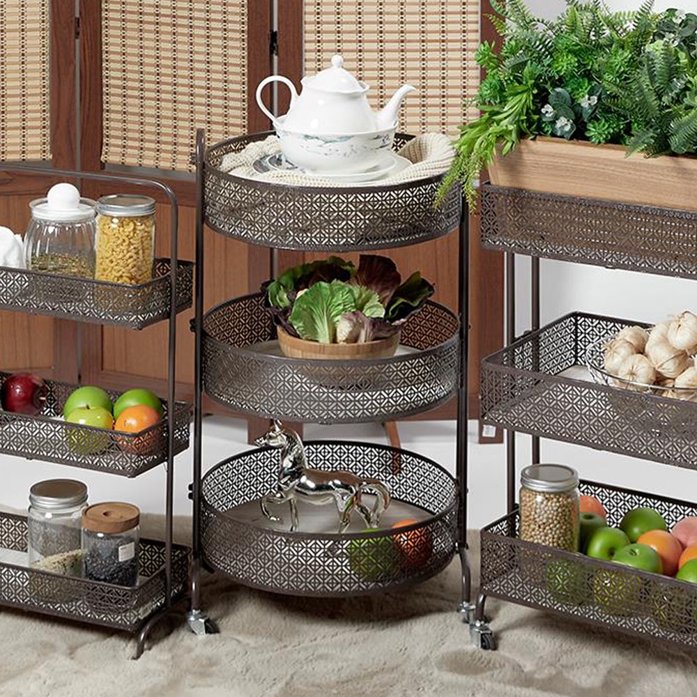 HomeBase STACKO Kệ 3 tầng bằng lưới thép có bánh xe MOROC W45xH80xD42cm màu nâu