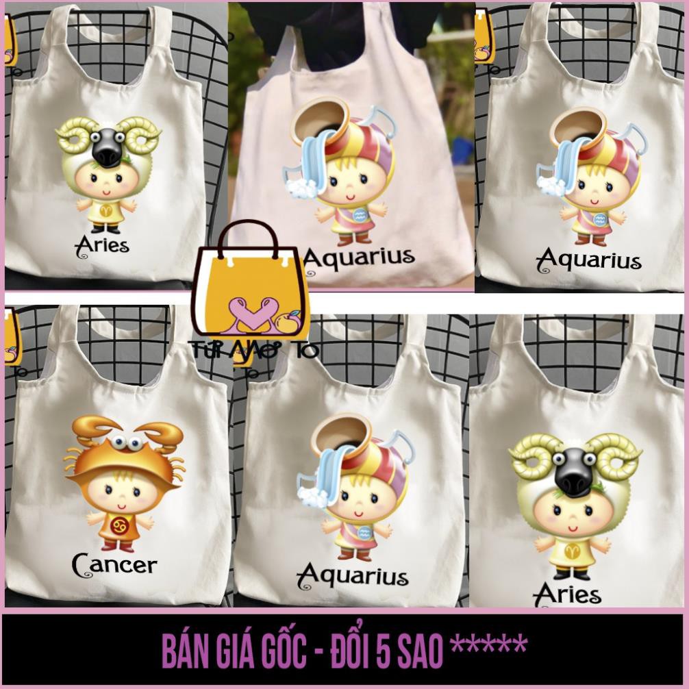 Túi tote 12 CUNG HOÀNG ĐẠO túi vải túi canvas quai tròn có khóa kéo - Săn Nón Đẹp