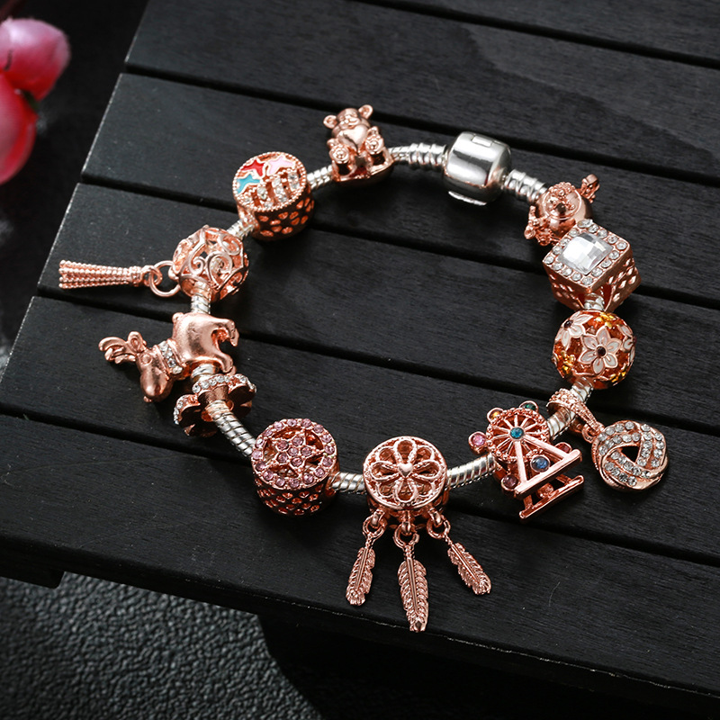 Pandora Vòng Tay Hình Dream Catcher Màu Vàng Hồng Đính Kim Cương Giả Thời Trang Cho Nữ