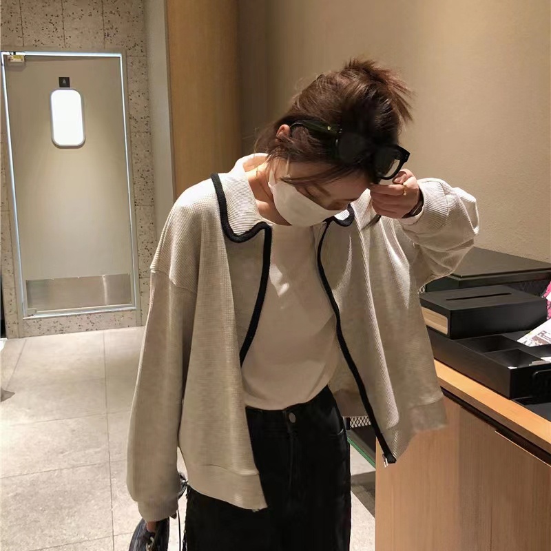 Áo khoác cardigan ZHELIHANGFEI thiết kế dài tay cổ polo phối khóa kéo thời trang