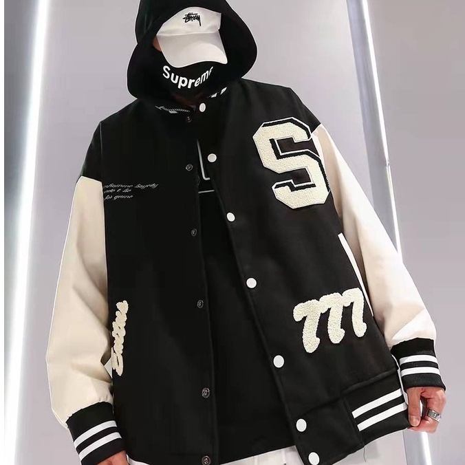 Áo khoác nỉ bóng chày dáng rộng thêu họa tiết phong cách retro thời trang cho nam