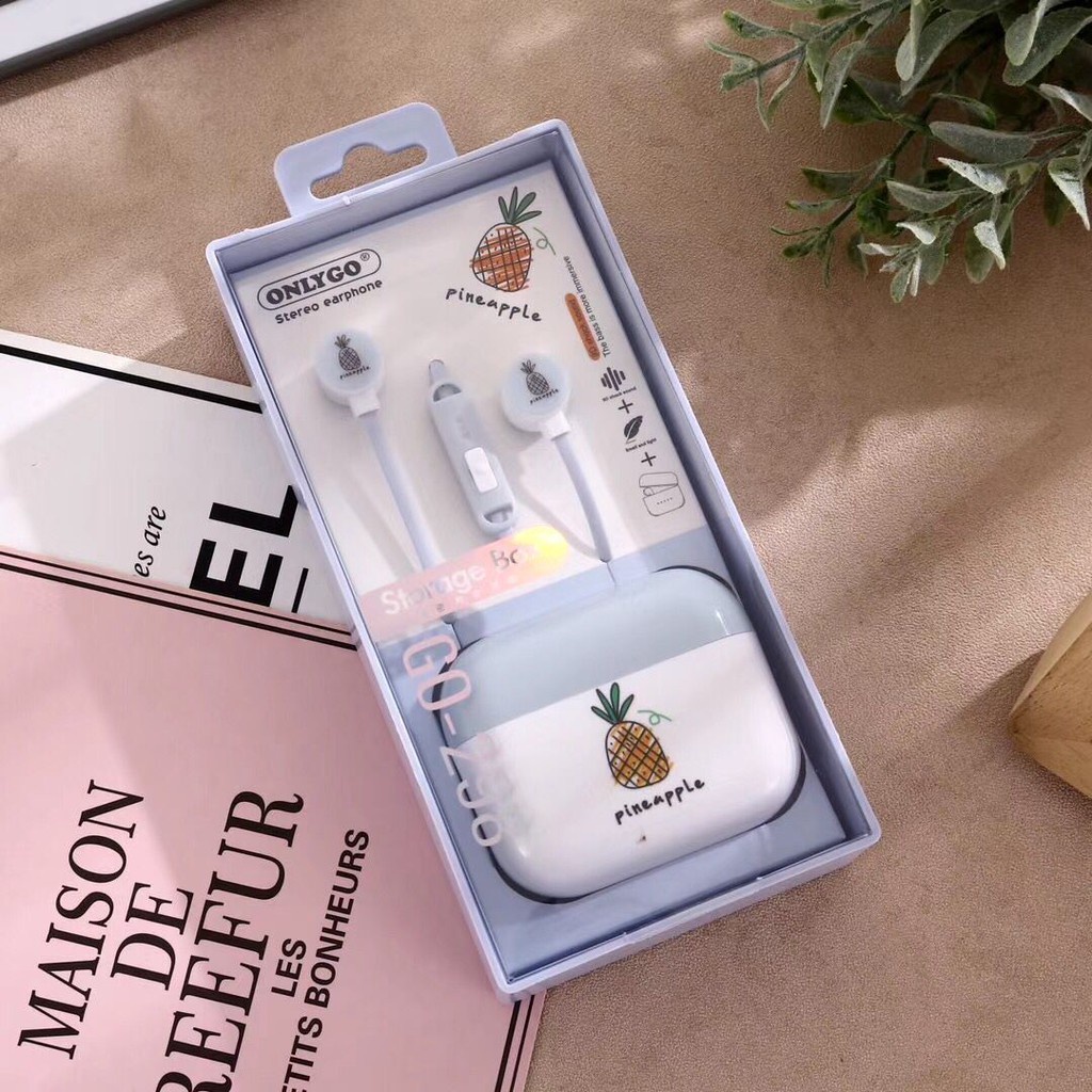 Tai nghe nhét tai có hộp đựng hình hoa quả cute dễ thương (giắc cắm chân thẳng, có mic)