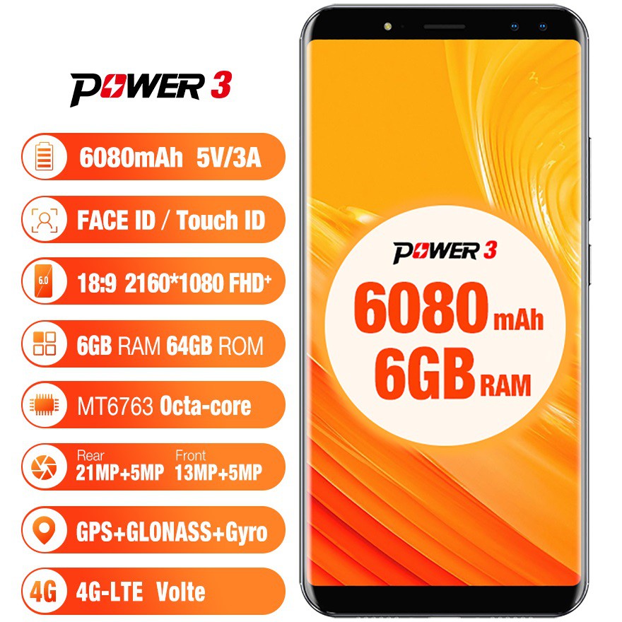 điện thoại ulefone power 3 RAM 6GB,pin 6080mAH màu đen