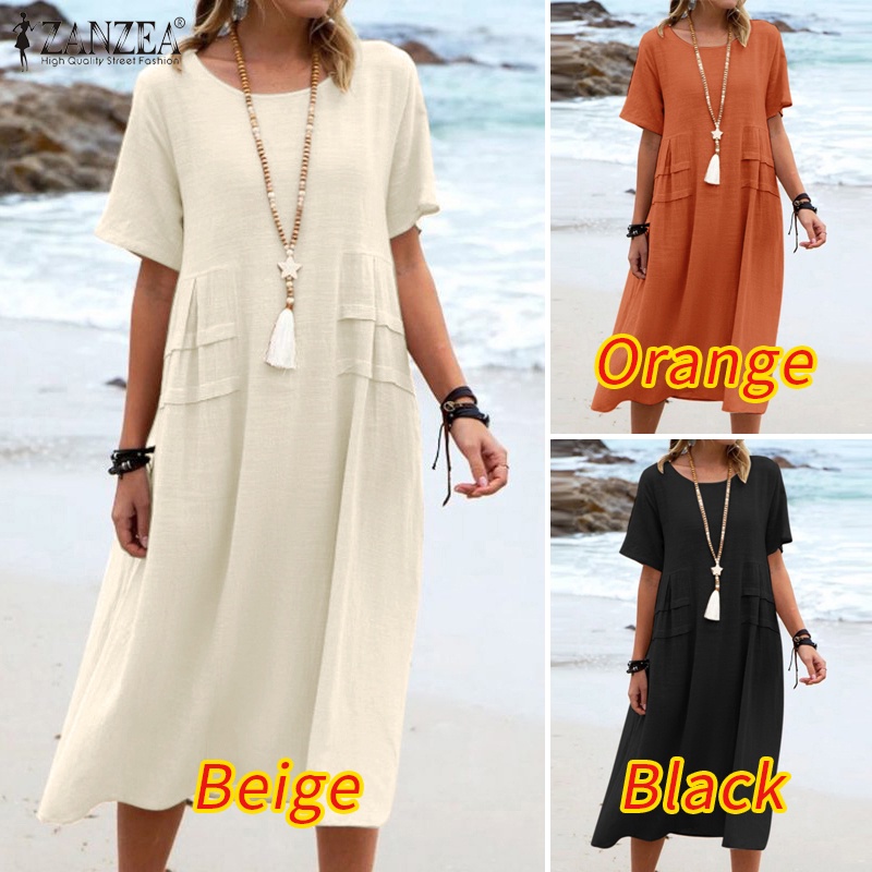 Đầm dài ZANZEA cổ tròn tay ngắn xếp ly thời trang cho nữ