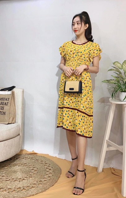 Đầm Liền Sát Nách Cổ Tròn Phối Họa Tiết Hoa Nhí - Váy Liền Tay Bèo Chân REN Siêu Xinh | BigBuy360 - bigbuy360.vn