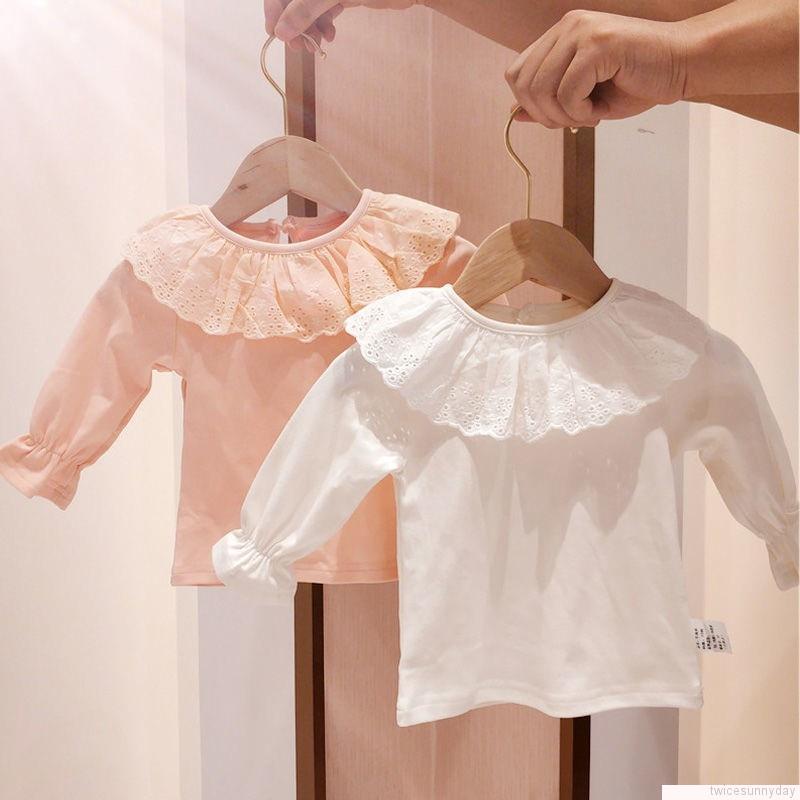 Áo thun cotton tay dài phối ren màu trơn kiểu công chúa dễ thương cho bé gái