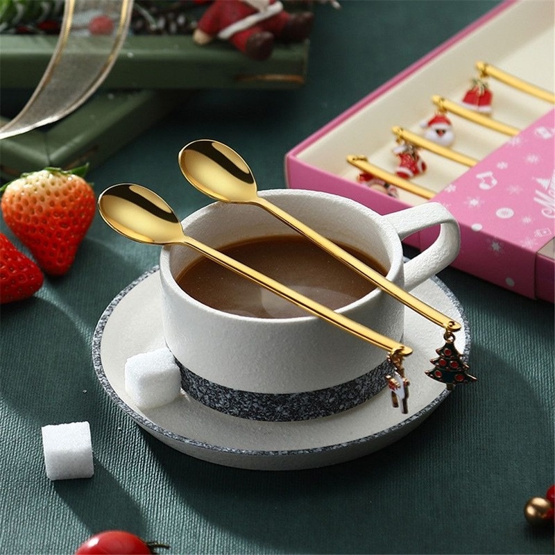 1 Muỗng Cà Phê Bằng Thép Không Gỉ Với Tay Cầm Dài Theo Phong Cách Giáng Sinh