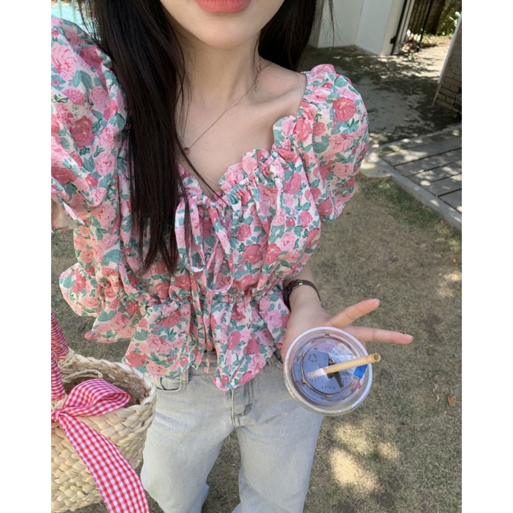 Áo Kiểu Trễ Vai Tay Phồng In Họa Tiết Hoa Thời Trang Mùa Hè 2022 Phong Cách Mới Cho Nữ