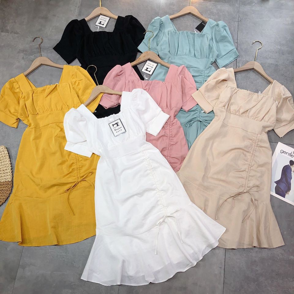 Váy cổ vuông nhăn rút dây đuôi cá mã 244(kèm video,ảnh thật) | BigBuy360 - bigbuy360.vn