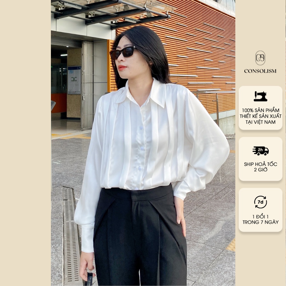 Áo sơ mi nữ tay dài CONSOLISM form rộng cổ đức thân trước xếp ly chất lụa trượt Nhật cao cấp A09