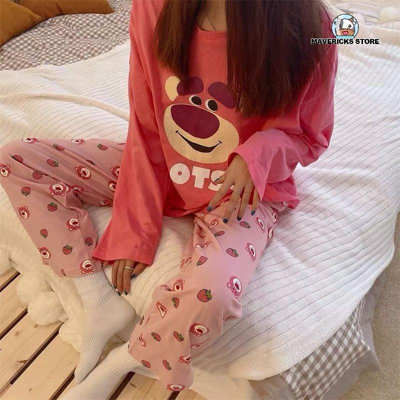 Bộ đồ ngủ mặc ở nhà tay dài in họa tiết chú gấu dễ thương dành cho nữ