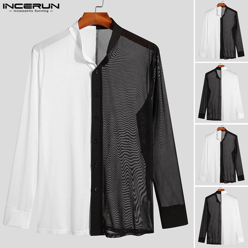 INCERUN Áo Sơ Mi Dài Tay Trong Suốt Phối Màu Cá Tính Dành Cho Nam/Size S-5XL