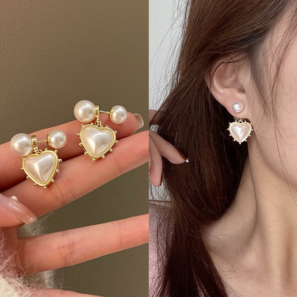 Bông Tai Mạ Bạc 925 Đính Ngọc Trai Hình Trái Tim Phong Cách Cổ Điển